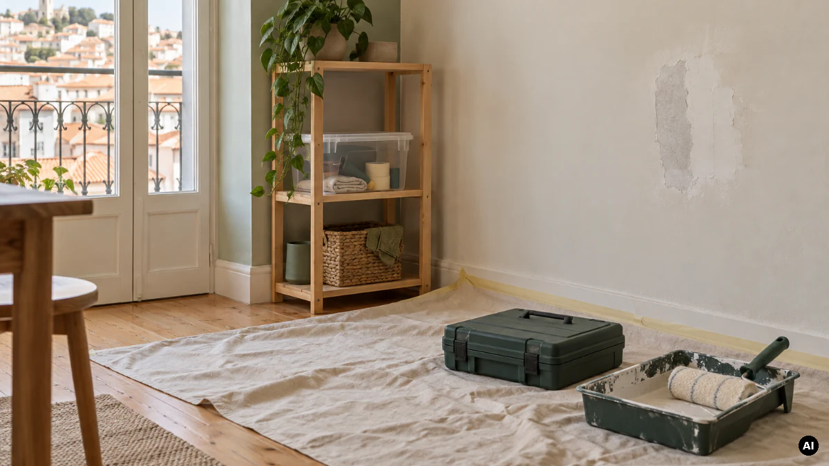 Espaço doméstico com arrumação, materiais e ferramentas para pequenas melhorias em casa.