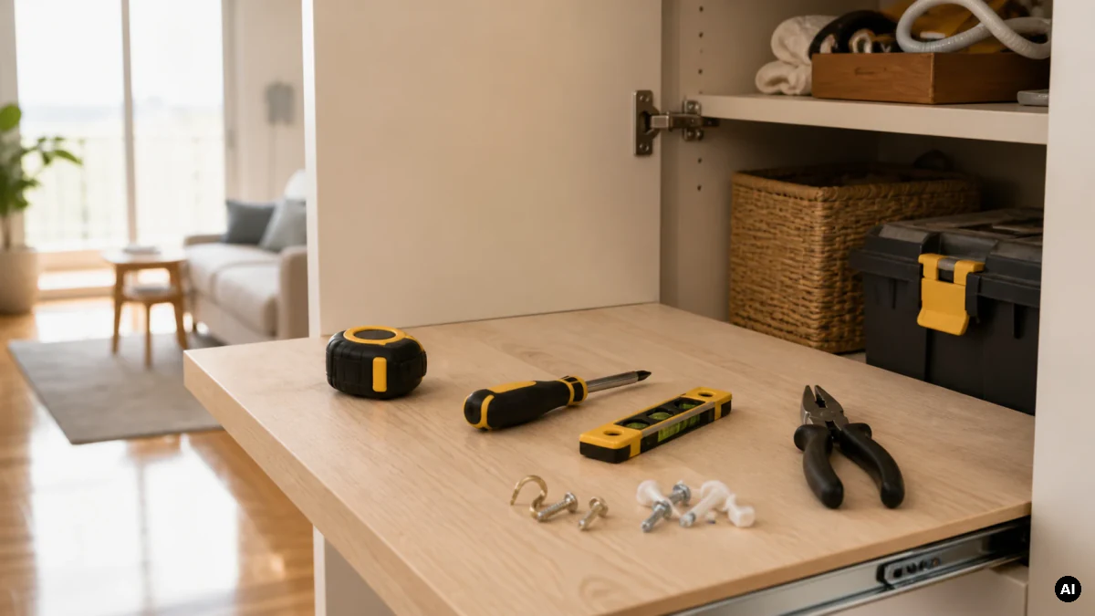 Fita métrica, chave de fendas, nível, alicate e pequenas peças sobre uma mesa num apartamento.