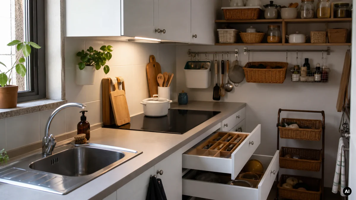 Gavetas de cozinha abertas com divisórias e recipientes de arrumação.