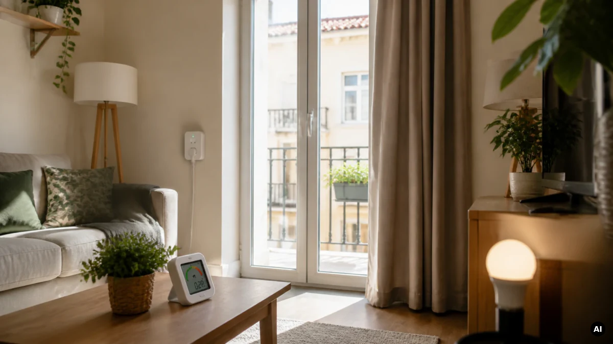 Zona de sala junto a uma janela, cortinas e iluminação doméstica.