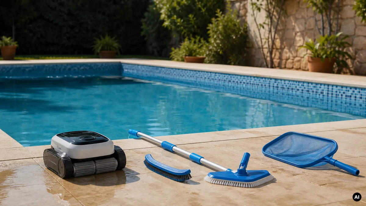 Robô, haste de aspiração e rede junto a uma piscina.